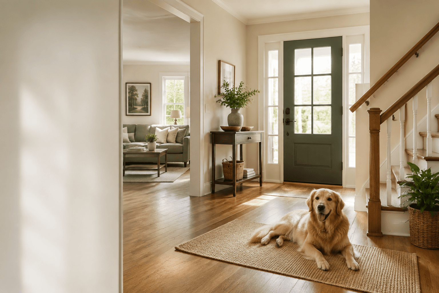 Warm, uncluttered home entryway with a clear walking path, sturdy stair rail, and a relaxed dog